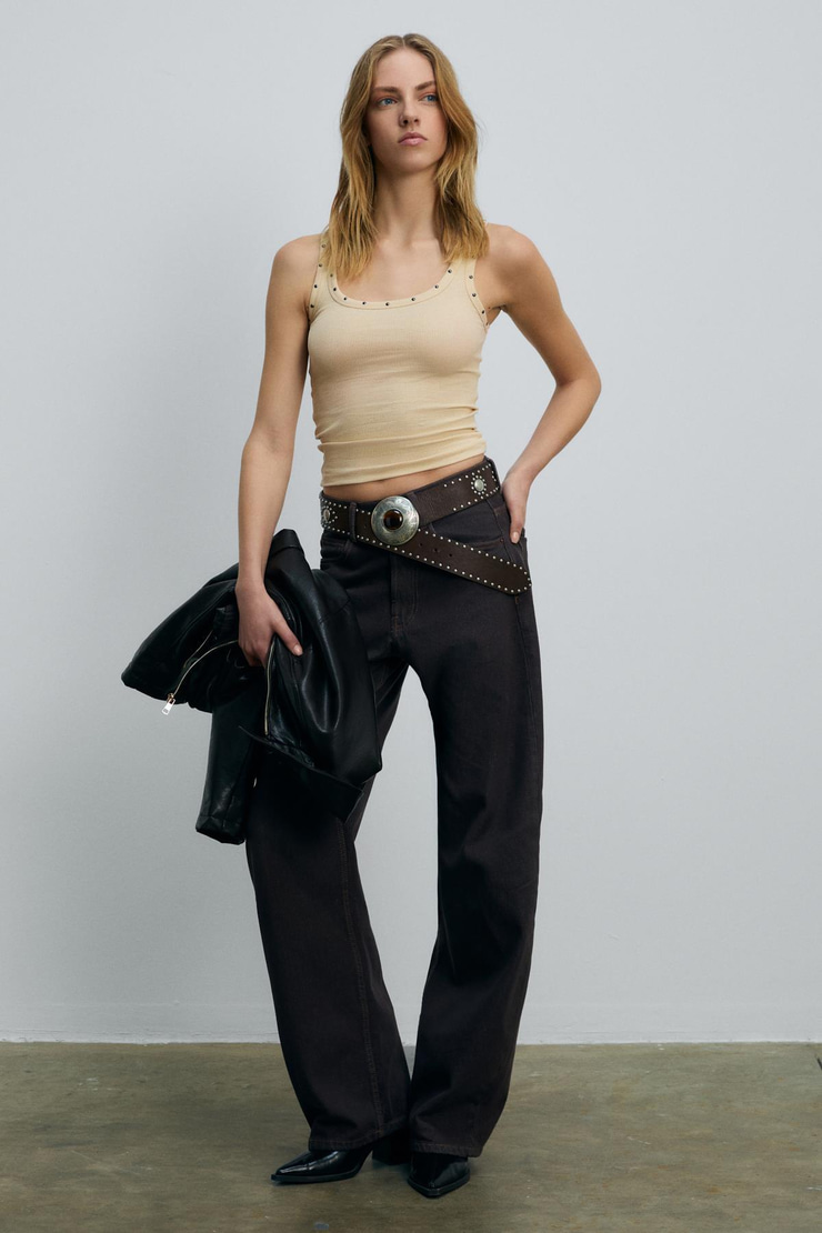 LILLESOL STARLIT Kadın Yumuşak Ve Esnek Kumaşlı Organik Pamuklu Taşlı Bej Atlet