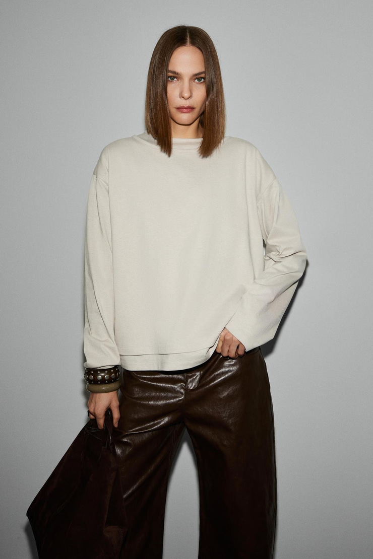 LIORE Kadın Organik Pamuklu Yuvarlak Yaka Çift Katlı Oversıze Taş Rengi T-Shirt