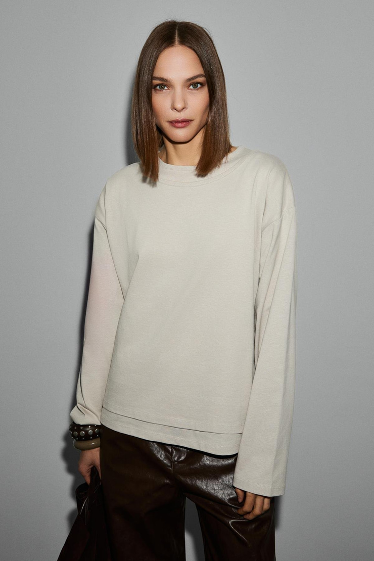 LIORE Kadın Organik Pamuklu Yuvarlak Yaka Çift Katlı Oversıze Taş Rengi T-Shirt