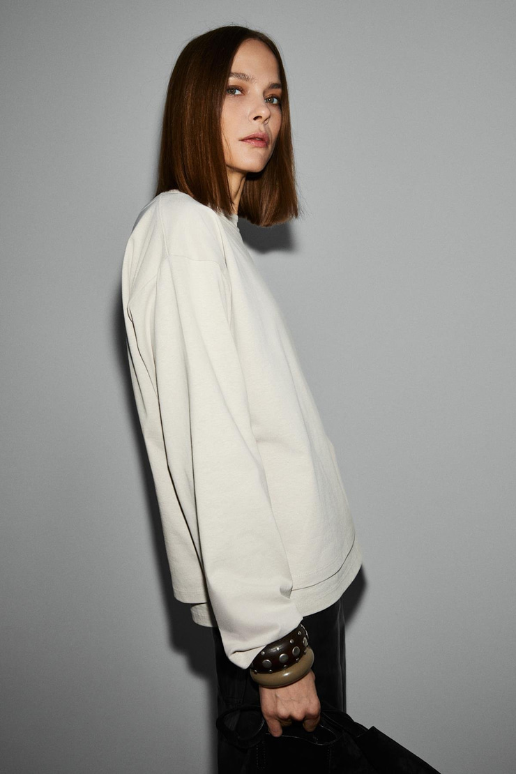 LIORE Kadın Organik Pamuklu Yuvarlak Yaka Çift Katlı Oversıze Taş Rengi T-Shirt