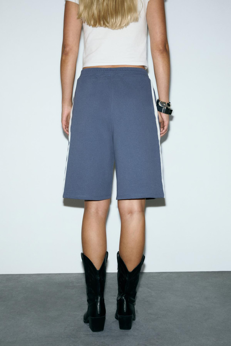 LLEONA Kadın Şerit Detaylı Çift Cepli Organik Pamuklu Regular İndigo Şort