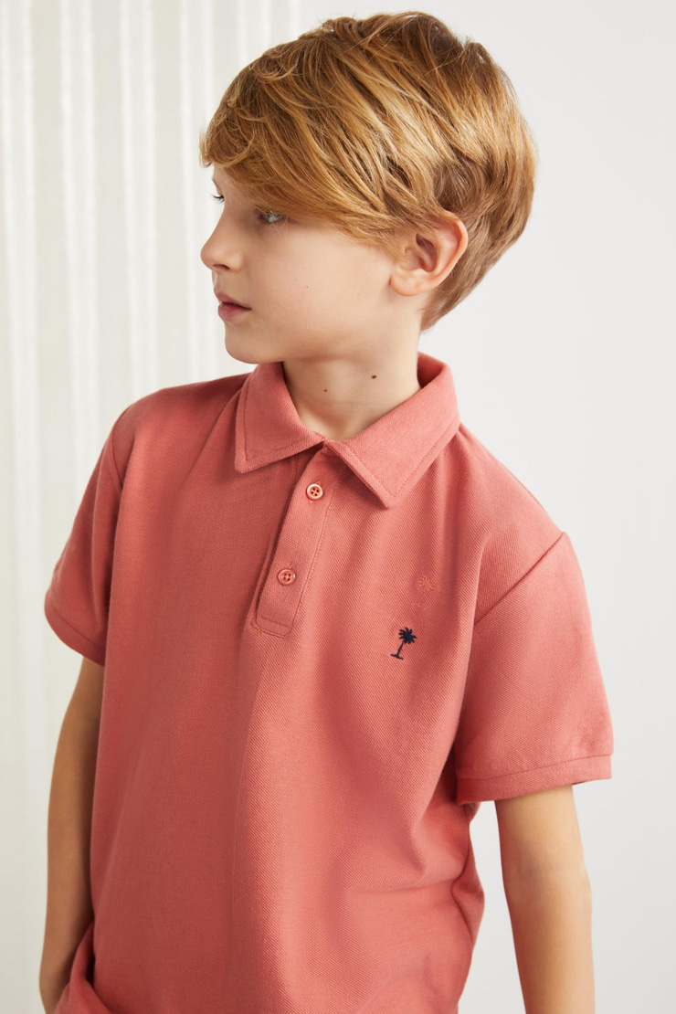 LOIS-GRM24001 100% pamuk  nakışlı kısa kollu polo yaka tshirt Kiremit Rengi Polo Yaka T-shirt