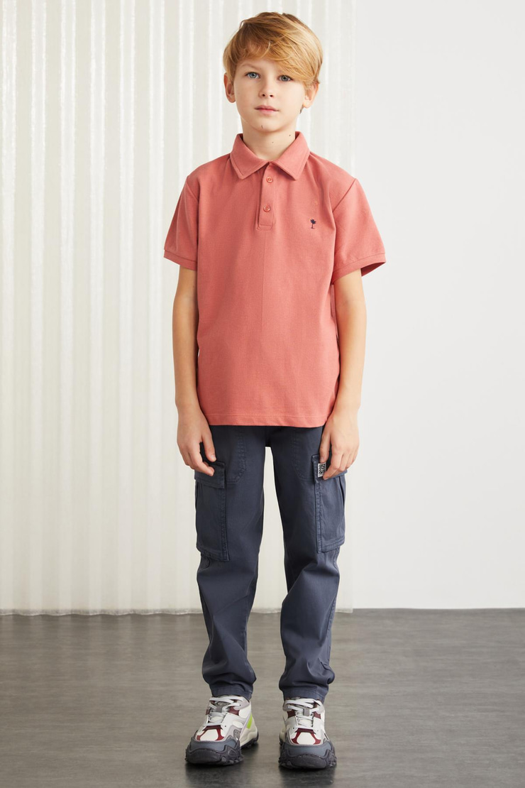 LOIS-GRM24001 100% pamuk  nakışlı kısa kollu polo yaka tshirt Kiremit Rengi Polo Yaka T-shirt