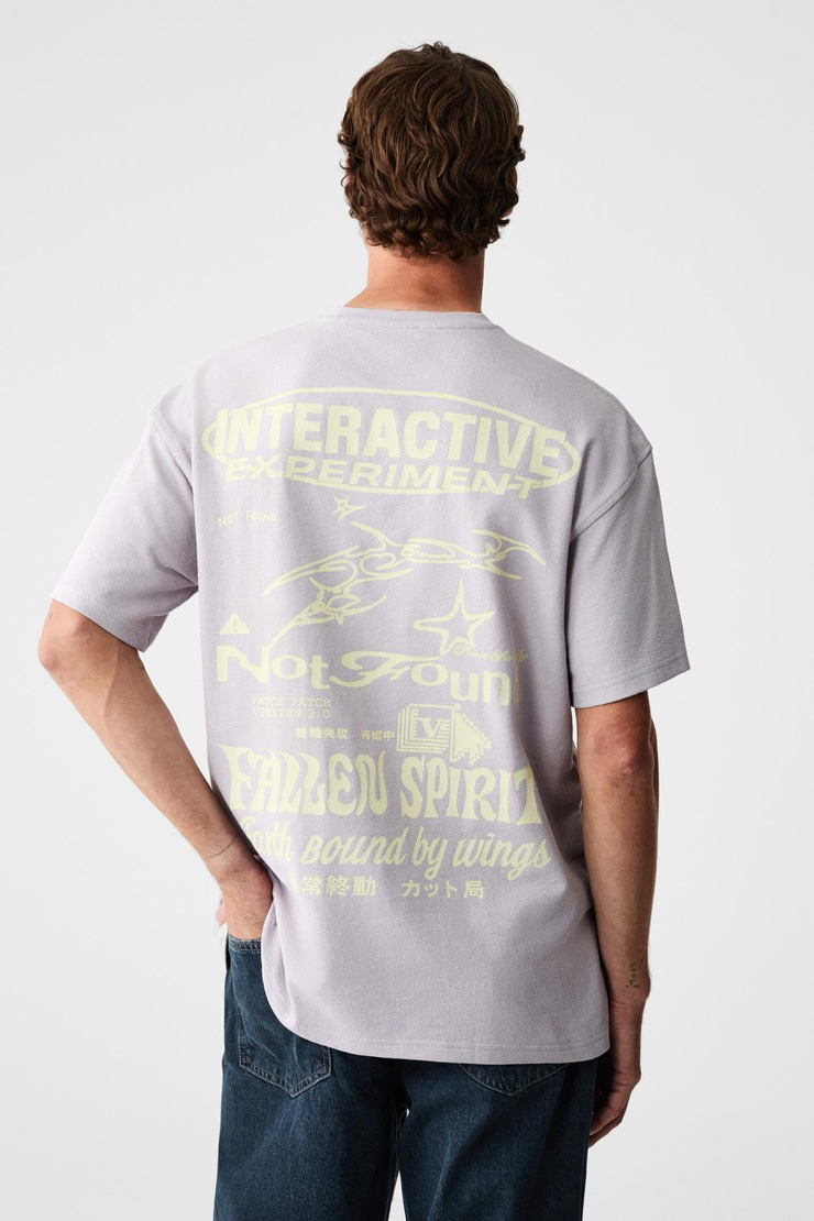 LORENNO Erkek Göğüs Baskılı %100 Organik Pamuklu Bisiklet Yaka Lila T-Shirt