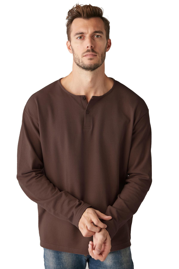 Lorenzo Erkek Özel Rustik Dokulu  %100 organik Pamuk Düğme Detaylı Regular Acı Kahve Sweatshirt