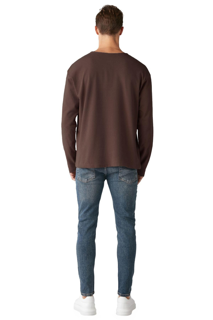 Lorenzo Erkek Özel Rustik Dokulu  %100 organik Pamuk Düğme Detaylı Regular Acı Kahve Sweatshirt