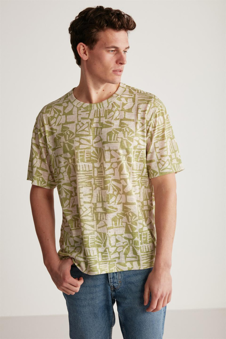 LUCAS Örme Regular Ekru - Desenli Tekli T-Shirt