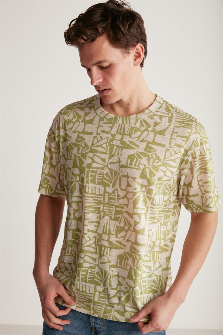 LUCAS Örme Regular Ekru - Desenli Tekli T-Shirt