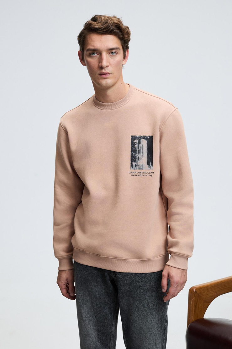 LUCIAN Erkek Göğsü Ve Sırtı Baskılı Yuvarlak Yaka Regular Fit Vizon Sweatshirt