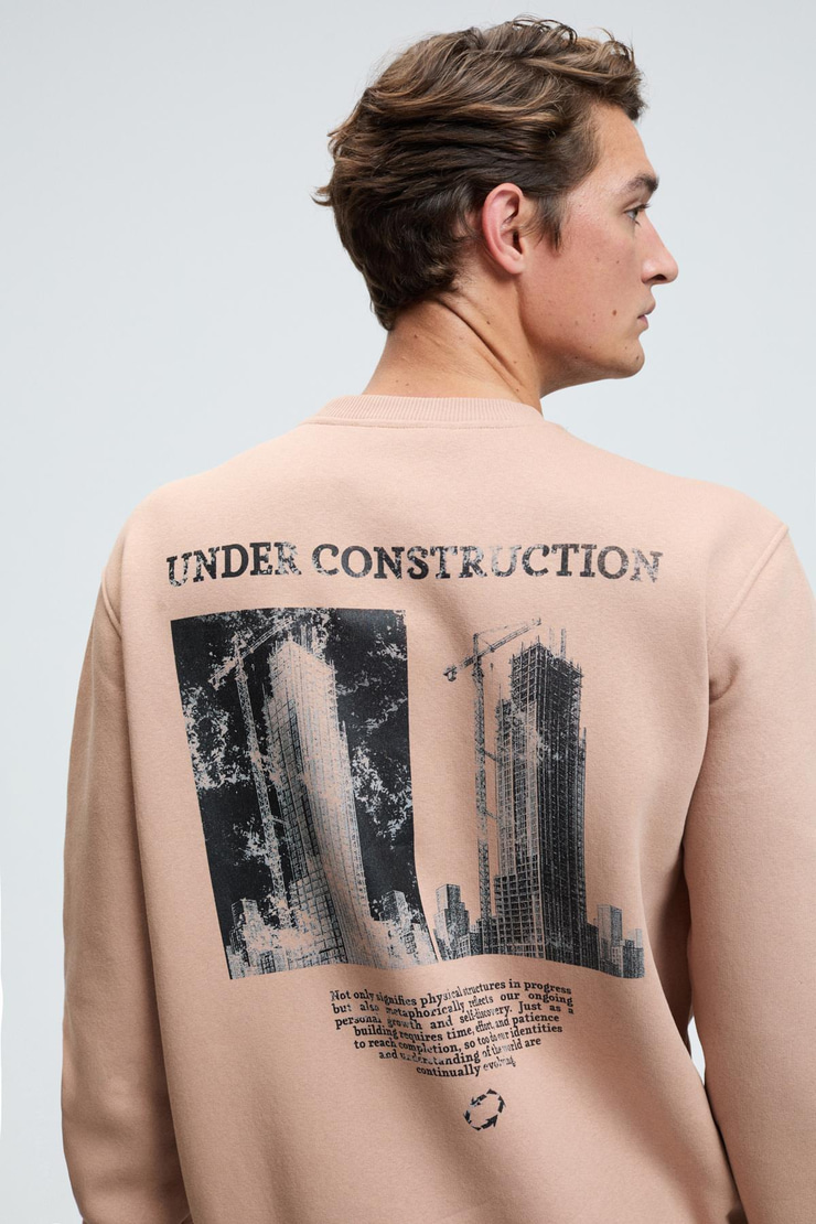 LUCIAN Erkek Göğsü Ve Sırtı Baskılı Yuvarlak Yaka Regular Fit Vizon Sweatshirt