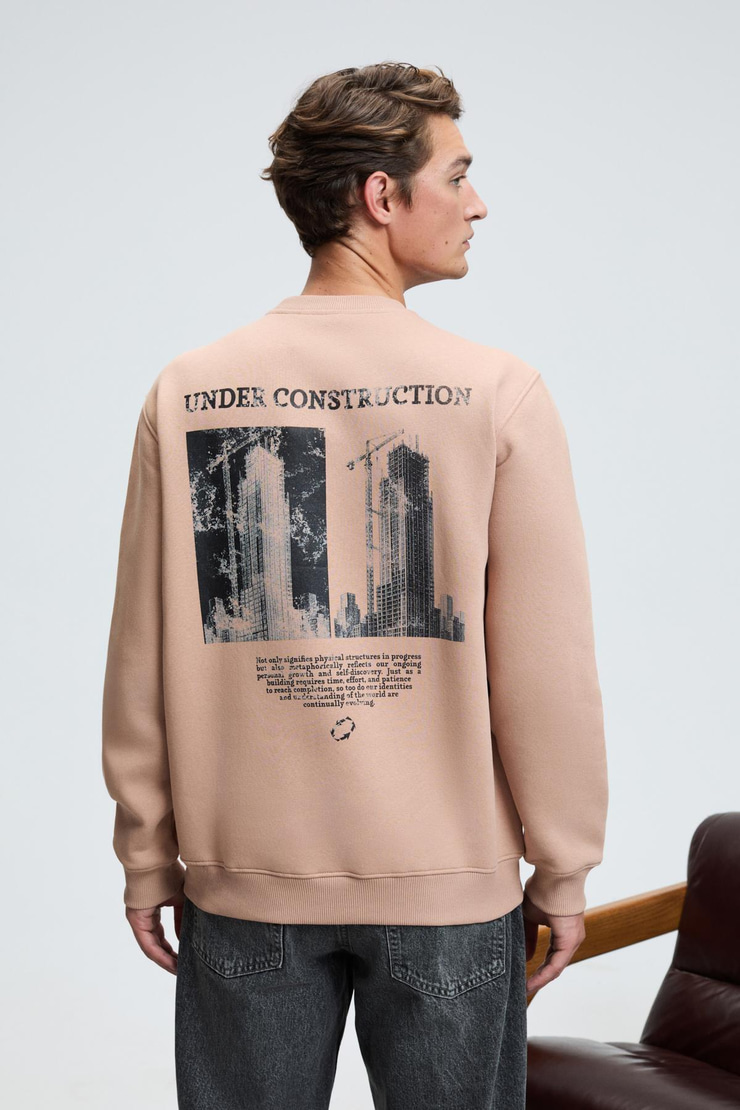 LUCIAN Erkek Göğsü Ve Sırtı Baskılı Yuvarlak Yaka Regular Fit Vizon Sweatshirt