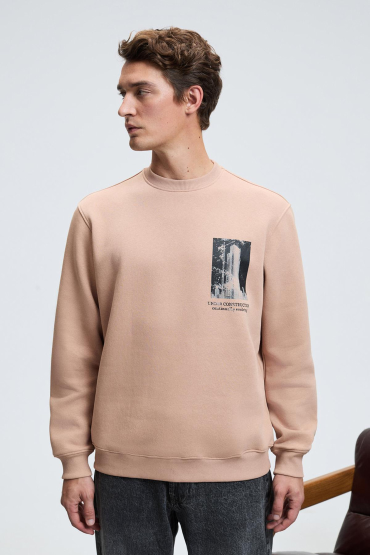 LUCIAN Erkek Göğsü Ve Sırtı Baskılı Yuvarlak Yaka Regular Fit Vizon Sweatshirt