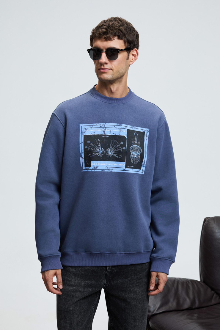 LUCIAN Erkek Göğsü Ve Sırtı Baskılı Yuvarlak Yaka Regular Fit İndigo Sweatshirt