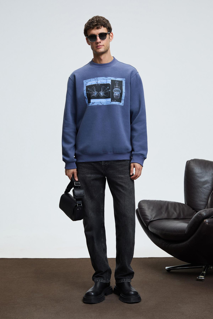 LUCIAN Erkek Göğsü Ve Sırtı Baskılı Yuvarlak Yaka Regular Fit İndigo Sweatshirt