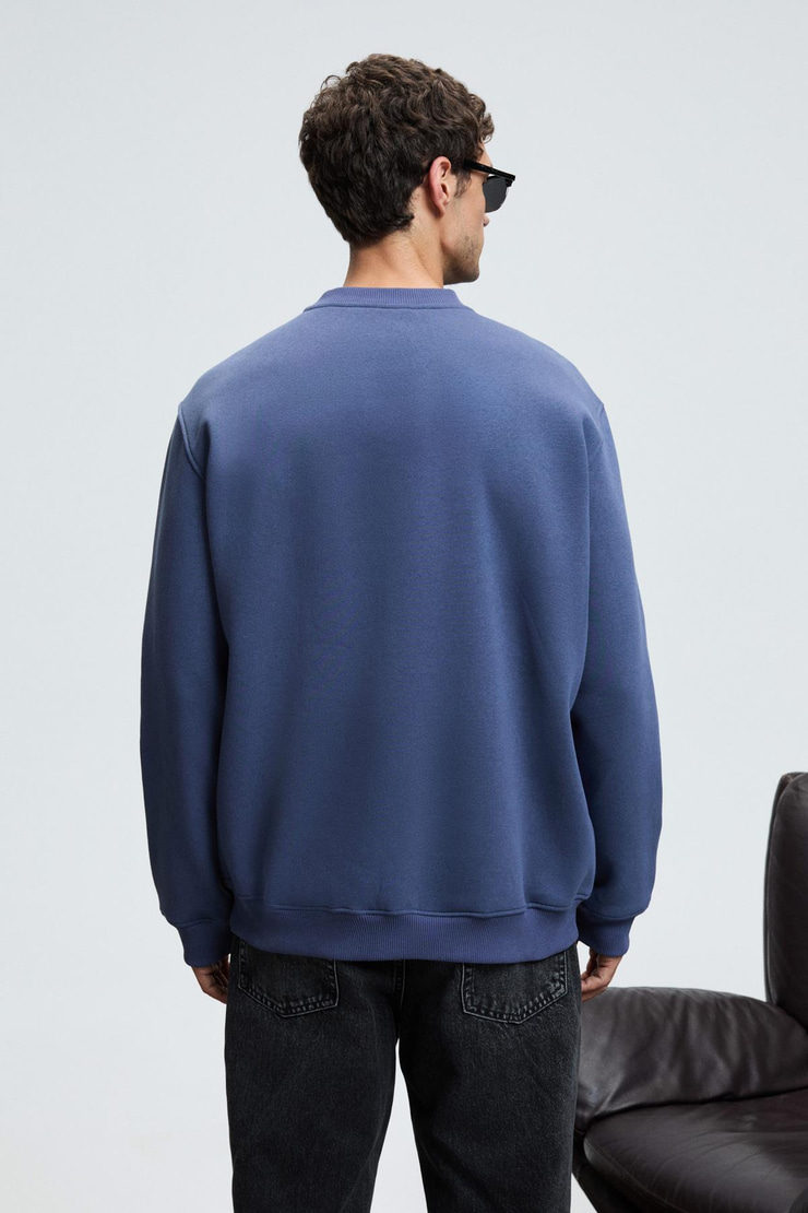 LUCIAN Erkek Göğsü Ve Sırtı Baskılı Yuvarlak Yaka Regular Fit İndigo Sweatshirt