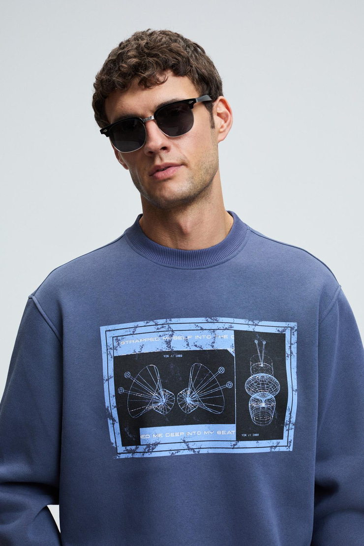 LUCIAN Erkek Göğsü Ve Sırtı Baskılı Yuvarlak Yaka Regular Fit İndigo Sweatshirt