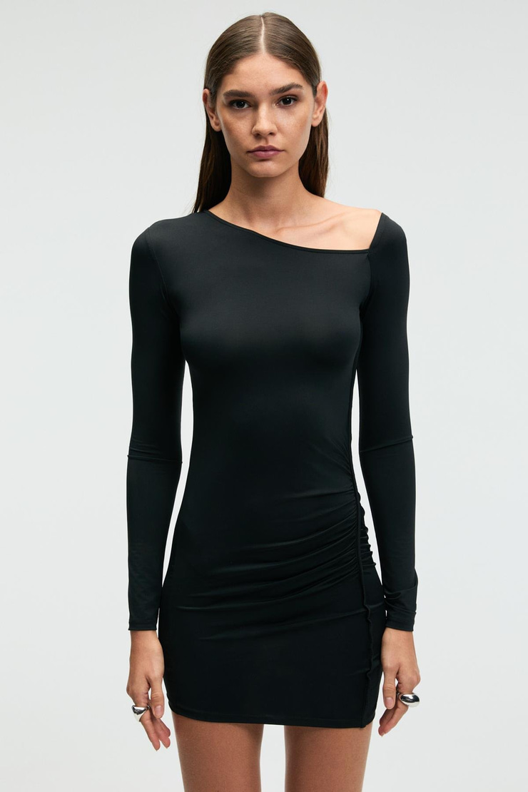 LUKKID Kadın Esnek Kumaşlı Asimetrik Yakalı Slim Fit Siyah Elbise