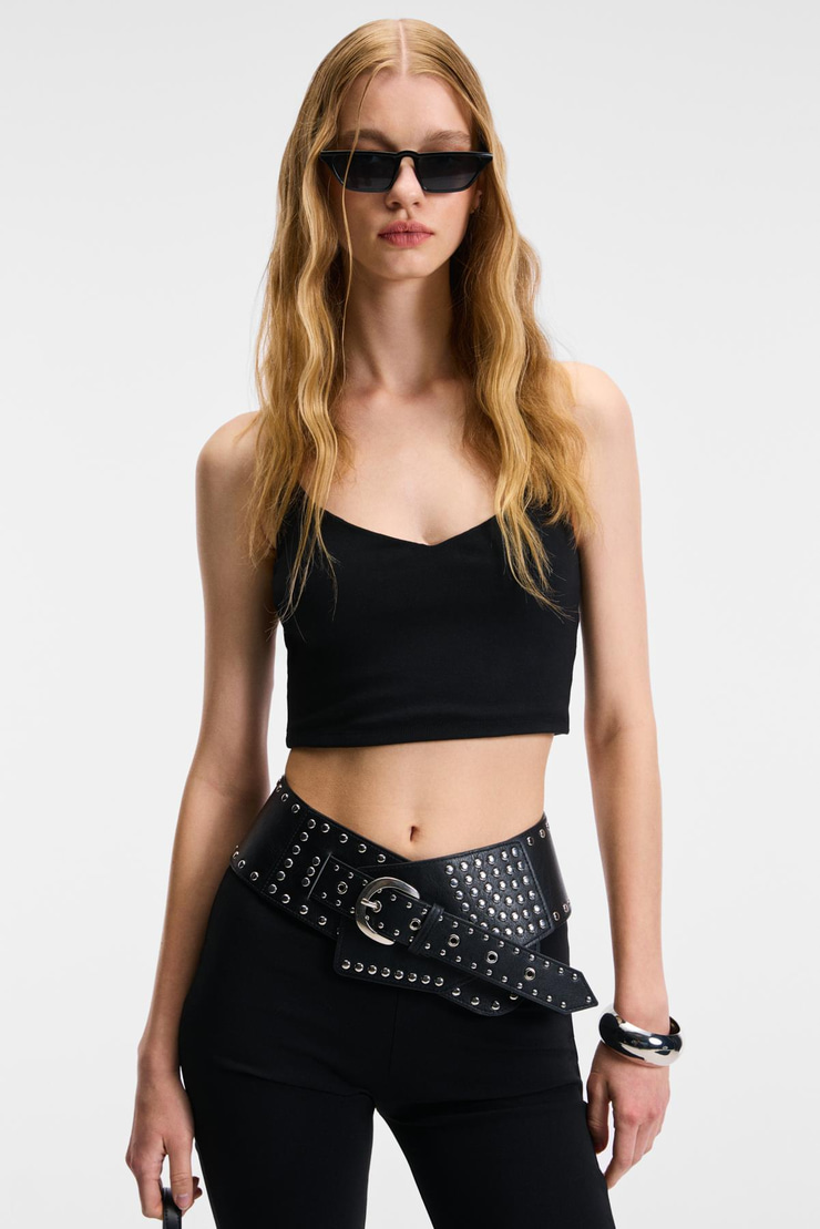 LUMINA Kadın İnce Ayar Askılı Slim Crop Siyah Atlet