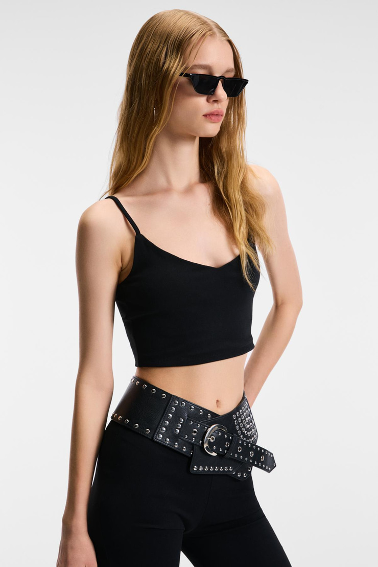 LUMINA Kadın İnce Ayar Askılı Slim Crop Siyah Atlet