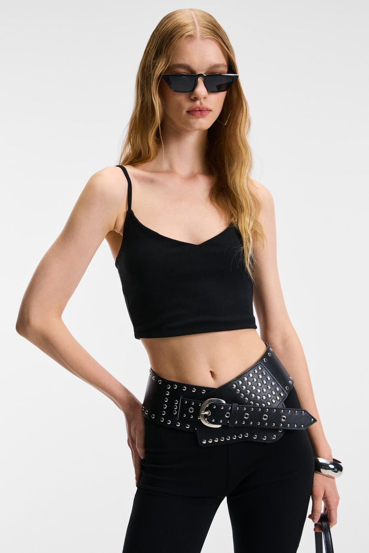 LUMINA Kadın İnce Ayar Askılı Slim Crop Siyah Atlet