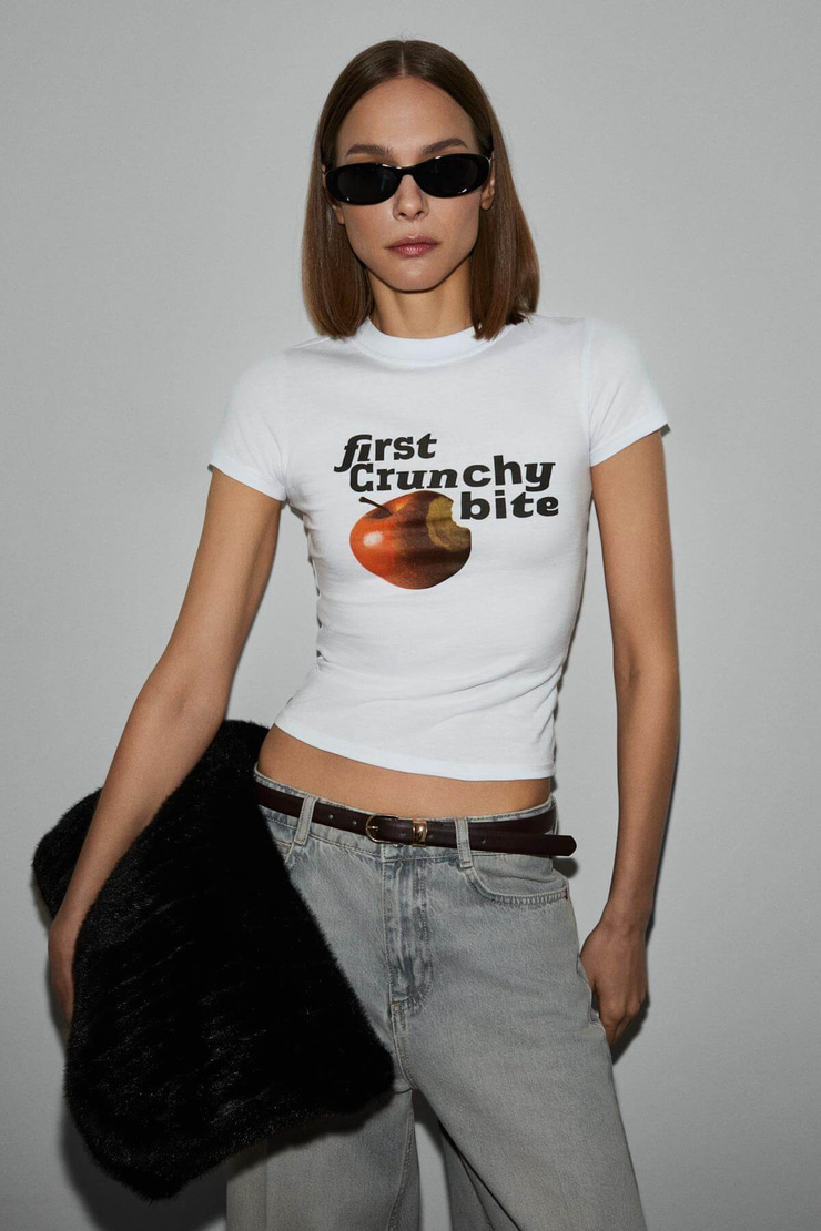 LUMIVYA Kadın Organik Pamuklu Bisiklet Yaka Kısa Kollu Baskılı Slim Fit Beyaz T-Shirt