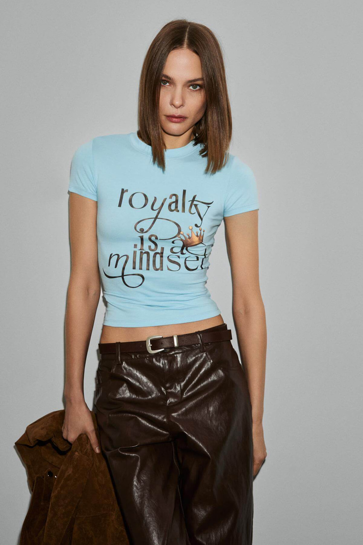 LUMIVYA Kadın Organik Pamuklu Bisiklet Yaka Kısa Kollu Baskılı Slim Fit Mavi T-Shirt