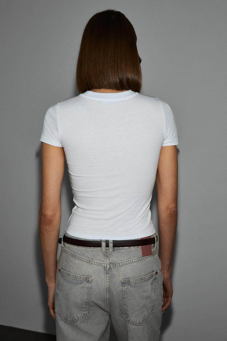 LUMIVYA Kadın Organik Pamuklu Bisiklet Yaka Kısa Kollu Baskılı Slim Fit Beyaz T-Shirt