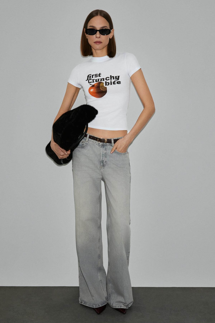 LUMIVYA Kadın Organik Pamuklu Bisiklet Yaka Kısa Kollu Baskılı Slim Fit Beyaz T-Shirt