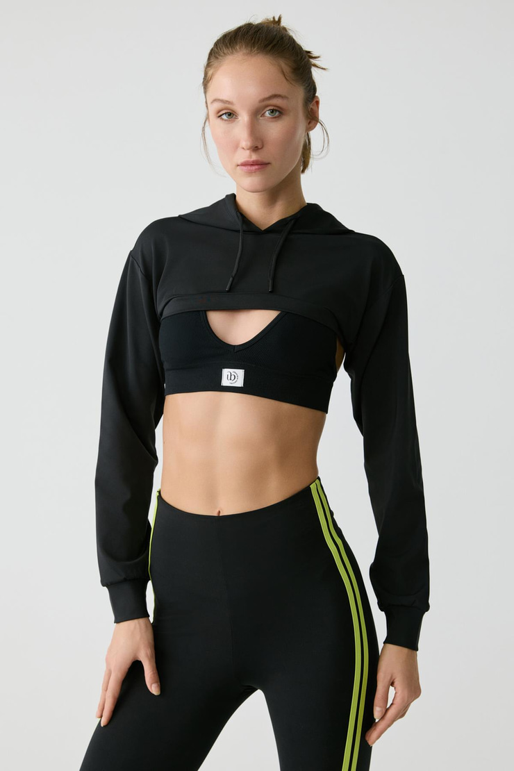 LUSSI Kadın Uzun Kollu Kapüşonlu Siyah Büstiyer