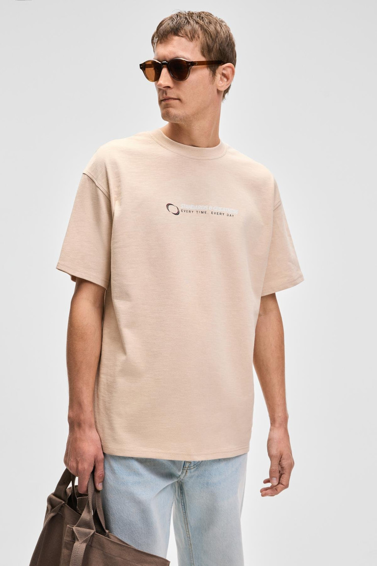 MANOL Erkek Bisiklet Yaka %100 Organik Pamuklu Oversize Fit Bej T-Shirt