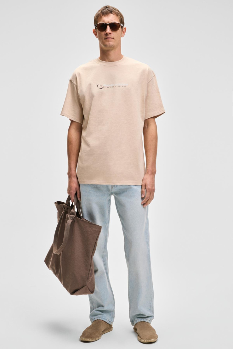 MANOL Erkek Bisiklet Yaka %100 Organik Pamuklu Oversize Fit Bej T-Shirt