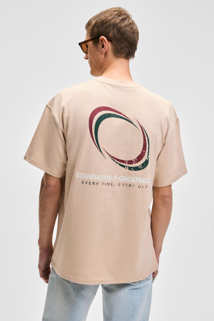 MANOL Erkek Bisiklet Yaka %100 Organik Pamuklu Oversize Fit Bej T-Shirt