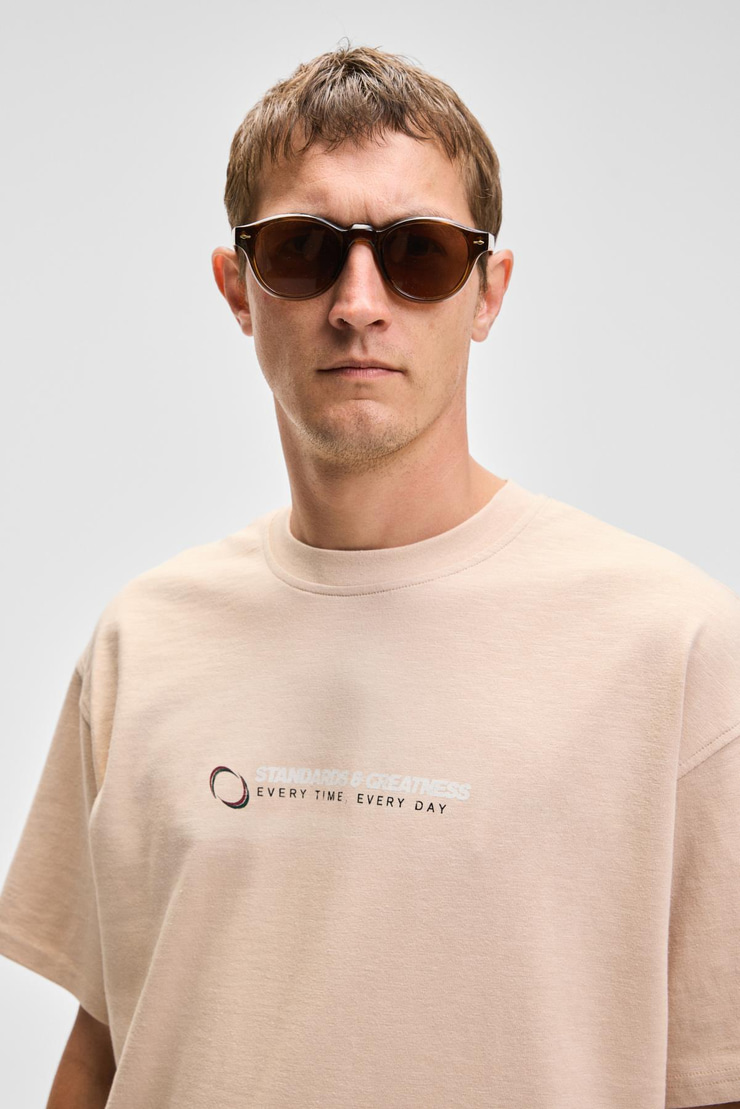 MANOL Erkek Bisiklet Yaka %100 Organik Pamuklu Oversize Fit Bej T-Shirt