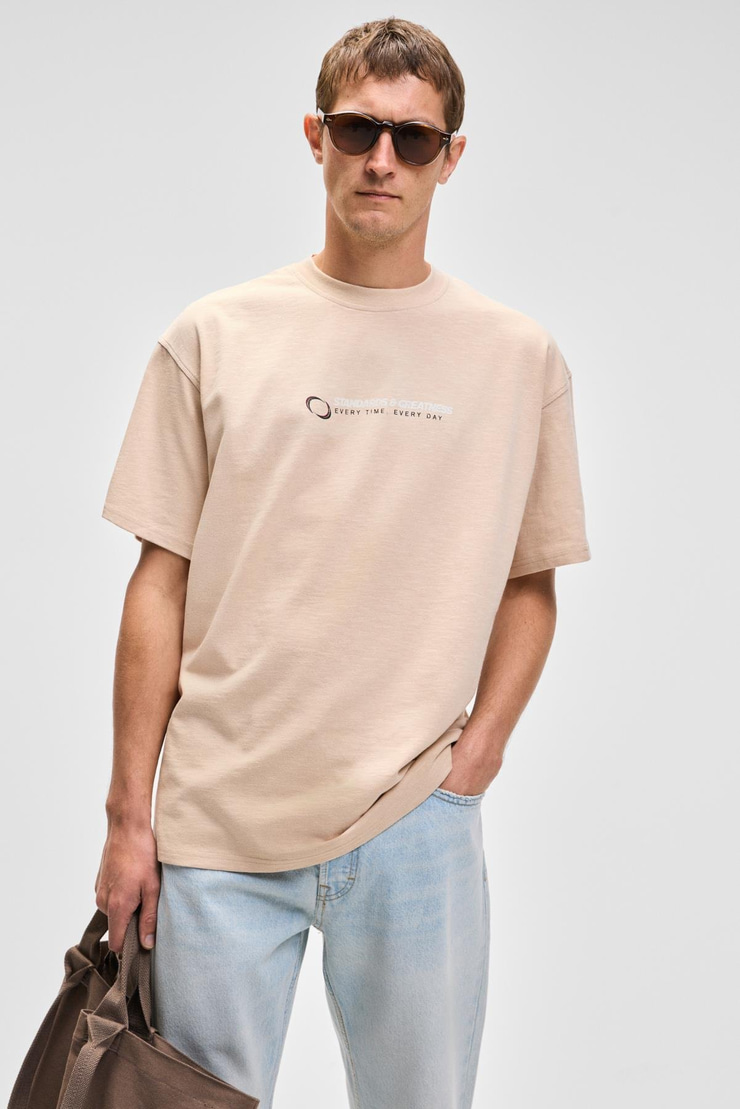 MANOL Erkek Bisiklet Yaka %100 Organik Pamuklu Oversize Fit Bej T-Shirt