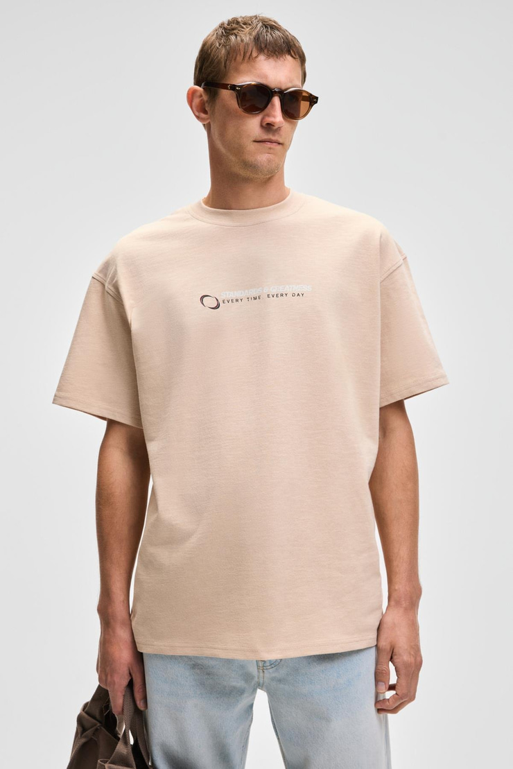 MANOL Erkek Bisiklet Yaka %100 Organik Pamuklu Oversize Fit Bej T-Shirt