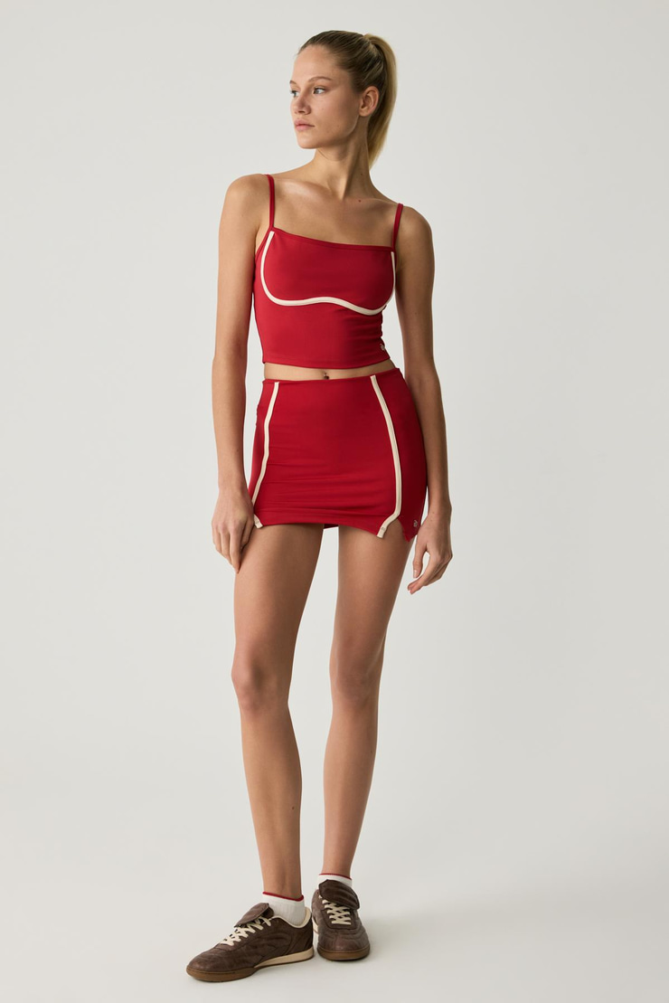 MARIA Kadın Şerit Biye Detaylı Yırtmaçlı Yumuşacık Kırmızı Etek