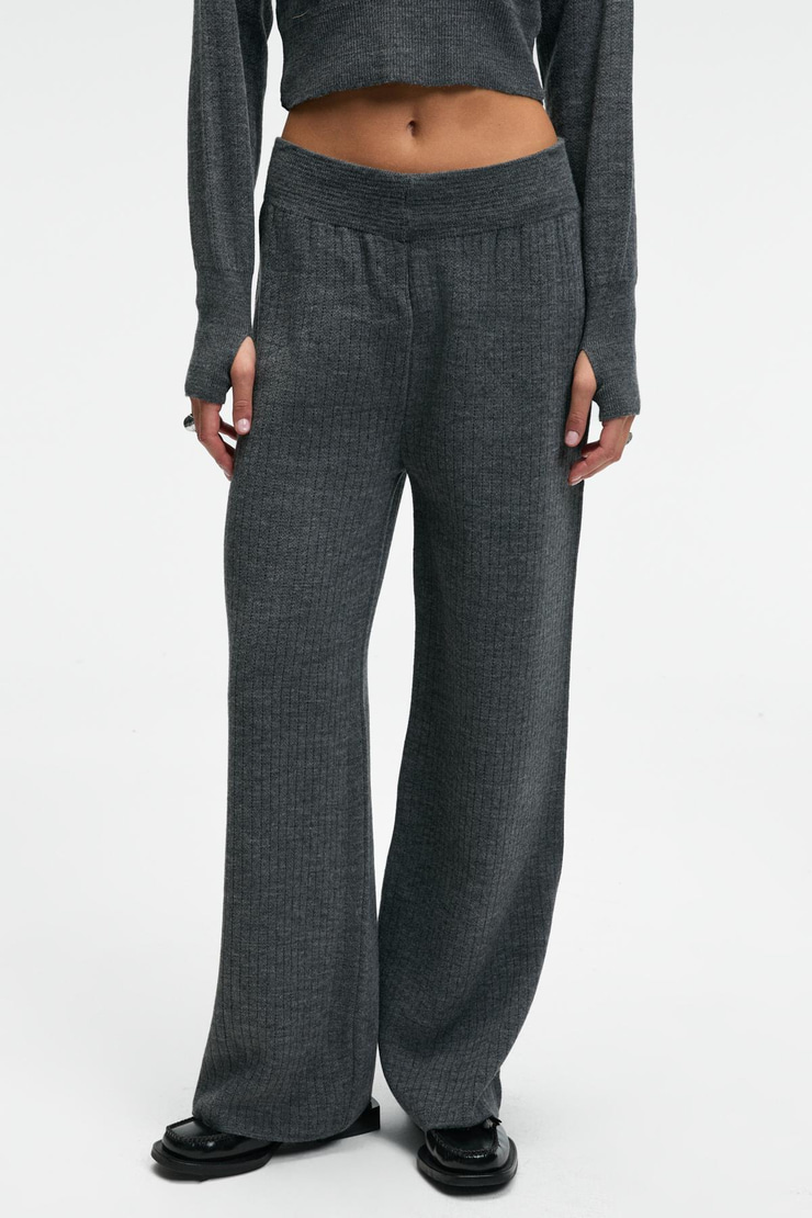 MARIPOSA Kadın Yuvarlak Yaka Çizgi Desenli Crop Geniş Paça Triko Antrasit Alt-Üst Takım