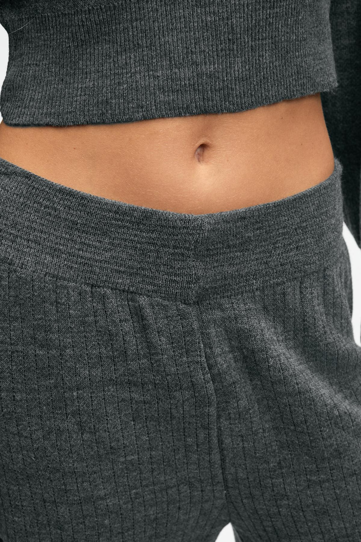 MARIPOSA Kadın Yuvarlak Yaka Çizgi Desenli Crop Geniş Paça Triko Antrasit Alt-Üst Takım