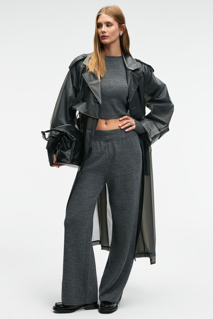 MARIPOSA Kadın Yuvarlak Yaka Çizgi Desenli Crop Geniş Paça Triko Antrasit Alt-Üst Takım