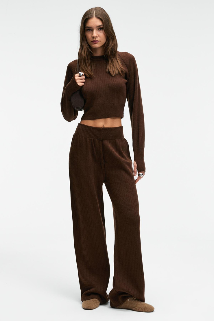 MARIPOSA Kadın Yuvarlak Yaka Çizgi Desenli Crop Geniş Paça Triko Kahverengi Alt-Üst Takım