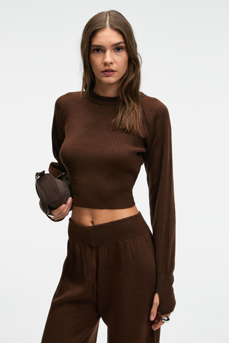 MARIPOSA Kadın Yuvarlak Yaka Çizgi Desenli Crop Geniş Paça Triko Kahverengi Alt-Üst Takım