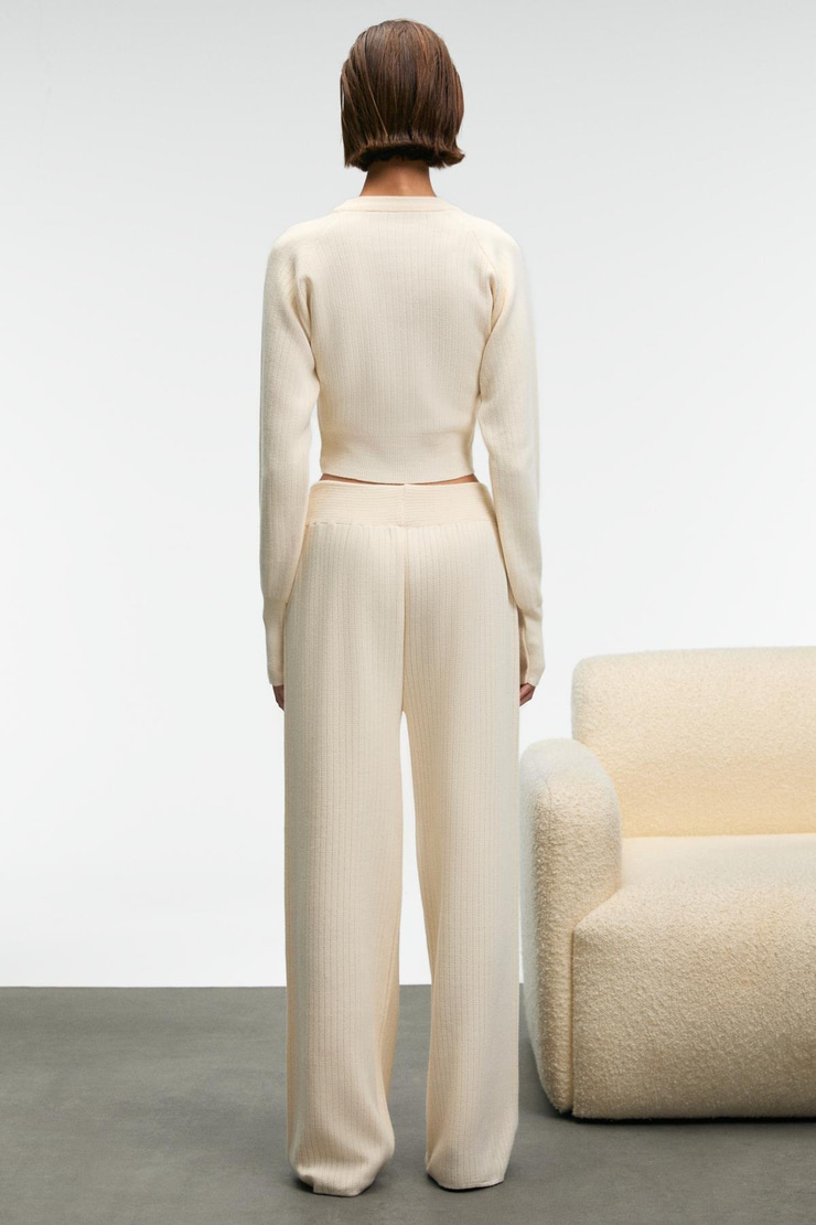 MARIPOSA Kadın Yuvarlak Yaka Çizgi Desenli Crop Geniş Paça Triko Ekru Alt-Üst Takım