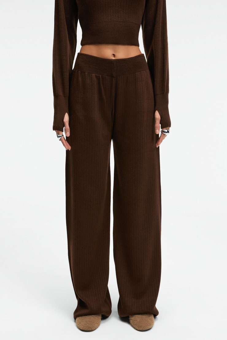 MARIPOSA Kadın Yuvarlak Yaka Çizgi Desenli Crop Geniş Paça Triko Kahverengi Alt-Üst Takım