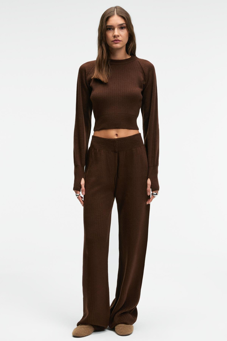 MARIPOSA Kadın Yuvarlak Yaka Çizgi Desenli Crop Geniş Paça Triko Kahverengi Alt-Üst Takım