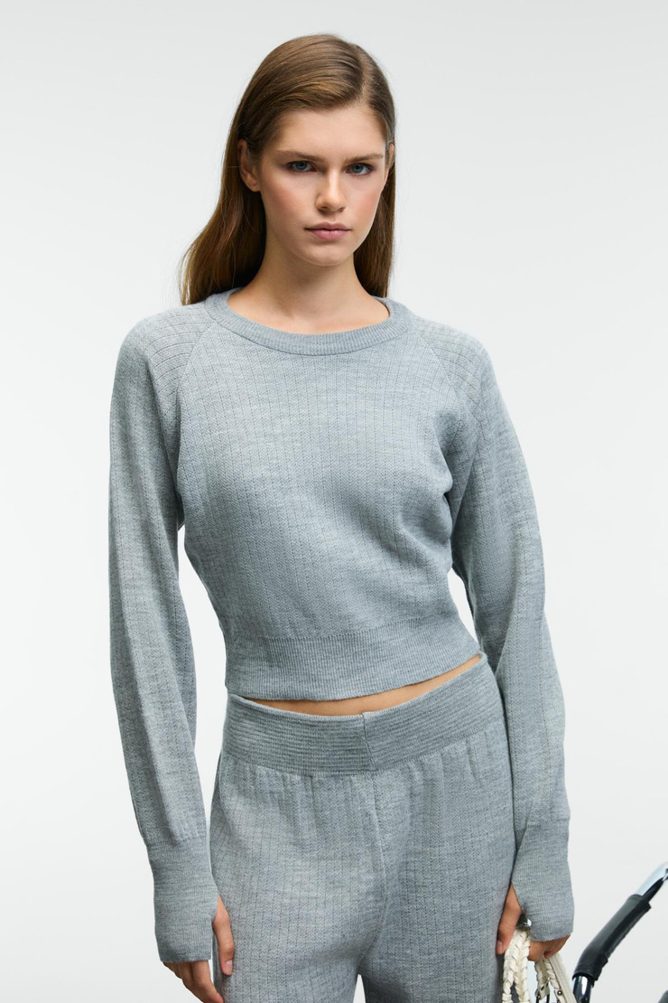 MARIPOSA Kadın Yuvarlak Yaka Çizgi Desenli Crop Geniş Paça Triko Grimelanj Alt-Üst Takım