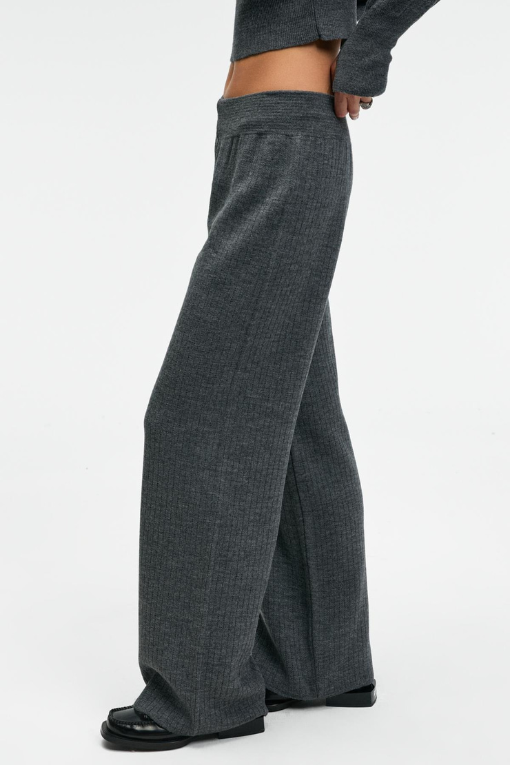 MARIPOSA Kadın Yuvarlak Yaka Çizgi Desenli Crop Geniş Paça Triko Antrasit Alt-Üst Takım