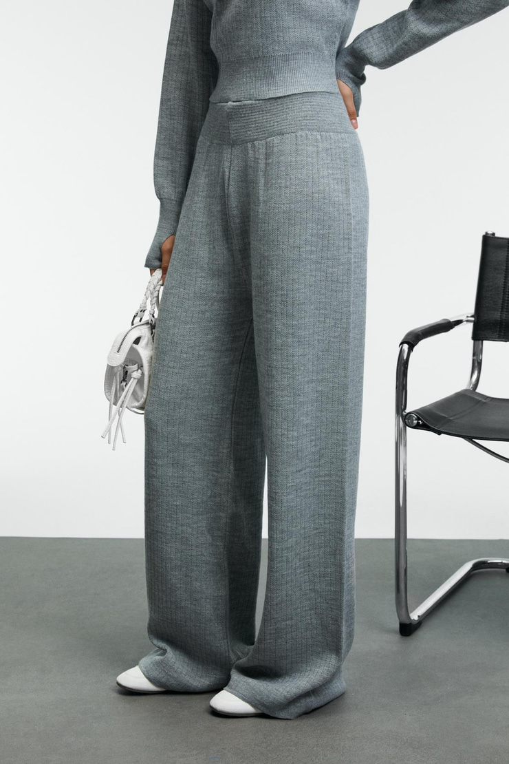 MARIPOSA Kadın Yuvarlak Yaka Çizgi Desenli Crop Geniş Paça Triko Grimelanj Alt-Üst Takım