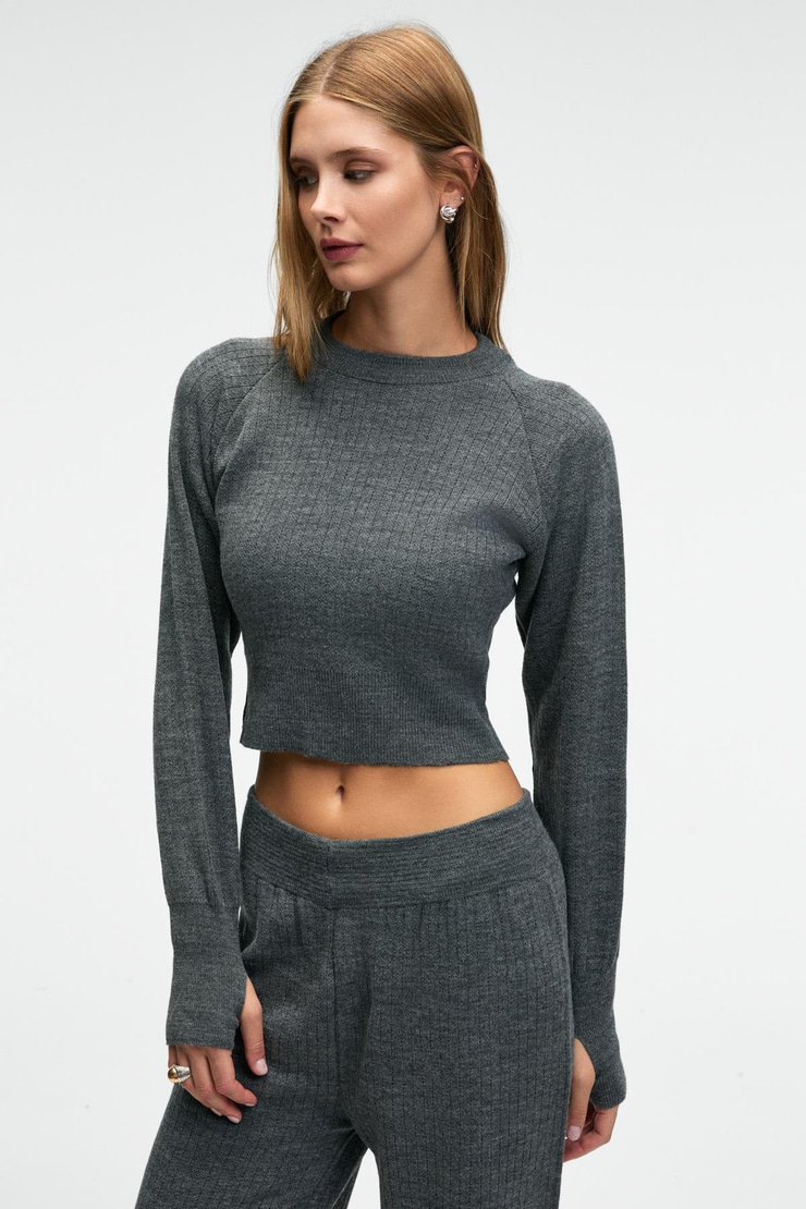 MARIPOSA Kadın Yuvarlak Yaka Çizgi Desenli Crop Geniş Paça Triko Antrasit Alt-Üst Takım