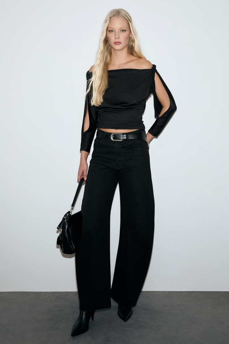 MARKEY Kadın Esnek Kumaşlı Kol Yırtmaç Detaylı Siyah Bluz