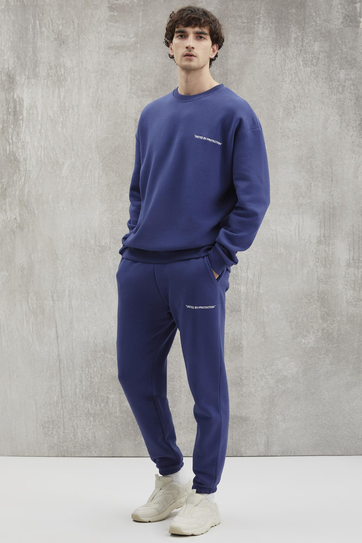 MARSHALL Erkek %100 Organik Pamuk İçi Polarlı Nakışlı Relaxed Lacivert Eşofman Takımı